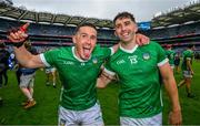 23 July 2023; Darragh O'Donovan, left and Aaron Gillane of Limerick celebrate after the GAA Hurling All-Ireland Senior Championship final match between Kilkenny and Limerick at Croke Park in Dublin. Photo by Ray McManus/Sportsfile
