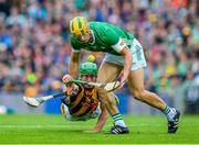 23 July 2023; Dan Morrissey of Limerick wins possession ahead of Martin Keoghan of Kilkenny during the GAA Hurling All-Ireland Senior Championship final match between Kilkenny and Limerick at Croke Park in Dublin. Photo by Ray McManus/Sportsfile