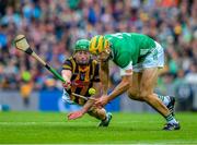 23 July 2023; Dan Morrissey of Limerick wins possession ahead of Martin Keoghan of Kilkenny during the GAA Hurling All-Ireland Senior Championship final match between Kilkenny and Limerick at Croke Park in Dublin. Photo by Ray McManus/Sportsfile