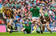 23 July 2023; Mike Casey, left, and Diarmaid Byrnes of Limerick contest possession with Martin Keoghan of Kilkenny during the GAA Hurling All-Ireland Senior Championship final match between Kilkenny and Limerick at Croke Park in Dublin. Photo by Brendan Moran/Sportsfile