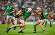 23 July 2023; Kyle Hayes of Limerick is tackled by Tom Phelan, left, and Paddy Deegan of Kilkenny during the GAA Hurling All-Ireland Senior Championship final match between Kilkenny and Limerick at Croke Park in Dublin. Photo by Brendan Moran/Sportsfile