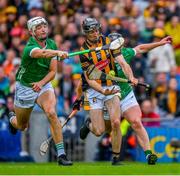 23 July 2023; Tom Phelan of Kilkenny is tackled by Kyle Hayes and Darragh O'Donovan of Limerick during the GAA Hurling All-Ireland Senior Championship final match between Kilkenny and Limerick at Croke Park in Dublin. Photo by Ray McManus/Sportsfile