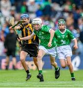 23 July 2023; Cian Loughnane, Lurga NS, Gort, Galway, representing Limerick, and Peadar Lambe, Scoil Mhuire Marino, Droim Conrach, Ath Cliath, representing Kilkenny, during the INTO Cumann na mBunscol GAA Respect Exhibition Go Games at the GAA Hurling All-Ireland Senior Championship final match between Kilkenny and Limerick at Croke Park in Dublin. Photo by Ramsey Cardy/Sportsfile