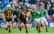 23 July 2023; Cian Loughnane, Lurga NS, Gort, Galway, representing Limerick, and Peadar Lambe, Scoil Mhuire Marino, Droim Conrach, Ath Cliath, representing Kilkenny, during the INTO Cumann na mBunscol GAA Respect Exhibition Go Games at the GAA Hurling All-Ireland Senior Championship final match between Kilkenny and Limerick at Croke Park in Dublin. Photo by Ramsey Cardy/Sportsfile
