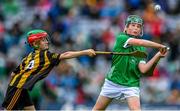 23 July 2023; Paddy Cronin, Scoil Treasa Naofa, Trá Lí, Ciarrai, representing Limerick, and Timothy Sheridan, Ballinalee NS, Ballinalee, Longford, representing Kilkenny, during the INTO Cumann na mBunscol GAA Respect Exhibition Go Games at the GAA Hurling All-Ireland Senior Championship final match between Kilkenny and Limerick at Croke Park in Dublin. Photo by Ramsey Cardy/Sportsfile