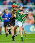 23 July 2023; Cillian Beilliú, Gaelscoil an Chaistil, Baile an Chaistil, Aontroim, representing Limerick, and Timothy Sheridan, Ballinalee NS, Ballinalee, Longford, representing Kilkenny, during the INTO Cumann na mBunscol GAA Respect Exhibition Go Games at the GAA Hurling All-Ireland Senior Championship final match between Kilkenny and Limerick at Croke Park in Dublin. Photo by Ramsey Cardy/Sportsfile
