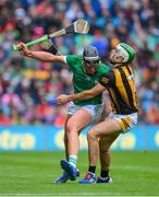 23 July 2023; Gearóid Hegarty of Limerick is tackled by Paddy Deegan of Kilkenny during the GAA Hurling All-Ireland Senior Championship final match between Kilkenny and Limerick at Croke Park in Dublin. Photo by Ray McManus/Sportsfile