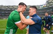 23 July 2023; Kyle Hayes, left, and Sean Finn of Limerick celebrate after the GAA Hurling All-Ireland Senior Championship final match between Kilkenny and Limerick at Croke Park in Dublin. Photo by Ramsey Cardy/Sportsfile