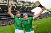 23 July 2023; Diarmaid Byrnes, left, and Mike Casey of Limerick celebrates after the GAA Hurling All-Ireland Senior Championship final match between Kilkenny and Limerick at Croke Park in Dublin. Photo by Ramsey Cardy/Sportsfile