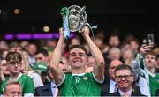 23 July 2023; David Reidy of Limerick lifts the Liam MacCarthy Cup after the GAA Hurling All-Ireland Senior Championship final match between Kilkenny and Limerick at Croke Park in Dublin. Photo by Ramsey Cardy/Sportsfile