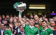 23 July 2023; Aaron Gillane of Limerick lifts the Liam MacCarthy Cup after the GAA Hurling All-Ireland Senior Championship final match between Kilkenny and Limerick at Croke Park in Dublin. Photo by Ramsey Cardy/Sportsfile