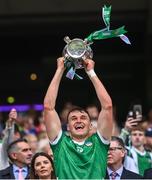 23 July 2023; Cathal O'Neill of Limerick lifts the Liam MacCarthy Cup after the GAA Hurling All-Ireland Senior Championship final match between Kilkenny and Limerick at Croke Park in Dublin. Photo by Ramsey Cardy/Sportsfile