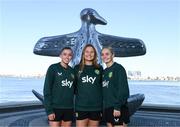 24 July 2023; Republic of Ireland players, from left, Abbie Larkin, Kyra Carusa and Izzy Atkinson at the First Contact Sculpture in Perth, Australia, ahead of their second Group B match of the FIFA Women's World Cup 2023, against Canada. Photo by Stephen McCarthy/Sportsfile