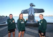 24 July 2023; Republic of Ireland players, from left, Abbie Larkin, Kyra Carusa and Izzy Atkinson at the First Contact Sculpture in Perth, Australia, ahead of their second Group B match of the FIFA Women's World Cup 2023, against Canada. Photo by Stephen McCarthy/Sportsfile