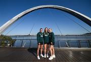 24 July 2023; Republic of Ireland players, from left, Abbie Larkin, Kyra Carusa and Izzy Atkinson at the Elizabeth Quay Bridge in Perth, Australia, ahead of their second Group B match of the FIFA Women's World Cup 2023, against Canada. Photo by Stephen McCarthy/Sportsfile