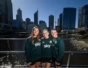 24 July 2023; Republic of Ireland players, from left, Kyra Carusa, Izzy Atkinson and Abbie Larkin at the Elizabeth Quay Bridge in Perth, Australia, ahead of their second Group B match of the FIFA Women's World Cup 2023, against Canada. Photo by Stephen McCarthy/Sportsfile
