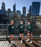 24 July 2023; Republic of Ireland players, from left, Kyra Carusa, Izzy Atkinson and Abbie Larkin at the Elizabeth Quay Bridge in Perth, Australia, ahead of their second Group B match of the FIFA Women's World Cup 2023, against Canada. Photo by Stephen McCarthy/Sportsfile