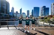 24 July 2023; Republic of Ireland players, from left, Kyra Carusa, Izzy Atkinson and Abbie Larkin record a TikTok dance at the Elizabeth Quay Bridge in Perth, Australia, ahead of their second Group B match of the FIFA Women's World Cup 2023, against Canada. Photo by Stephen McCarthy/Sportsfile