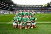 23 July 2023; The Limerick team, back row, left to right, Kate Kelly, St Mary's PS, Bellanaleck, Fermanagh, Hannah Cooney, Rylane NS, Rylane, Cork, Éabha Cinipheic, Gaelscoil Choráin, Eochaill, Corcaigh, Mena Conway, Scoil Mhuire, Carrick on Shannon, Leitrim, Shannon Connolly, Scoil Mhuire, Clontibret, Monaghan, front row, left to right, Olivia Hussey, Lisaniskey NS, Donamon, Roscommon, Shauna Donoghue, Scoil Mhuire gan Smál, Ballymote, Sligo, Faye Daly, Roan St Patrick's PS, Dungannon, Tyrone, Kate Motherway, Bunscoil Bhothar na Naomh, Waterford, Emily Ryan, Burgess NS, Nenagh, Tipperary, ahead of the INTO Cumann na mBunscol GAA Respect Exhibition Go Games at the GAA Hurling All-Ireland Senior Championship final match between Kilkenny and Limerick at Croke Park in Dublin. Photo by Daire Brennan/Sportsfile