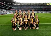 23 July 2023; The Kilkenny team, back row, left to right, Brian Crawford, St Corbans NS, Naas, Kildare, Peadar Lambe, Scoil Mhuire Marino, Droim Conrach, Ath Cliath, Daniel Gleeson, St Damian's, Perrystown, Dublin, Billy O'Donovan, Sacred Heart NS, Ballygall, Dublin, James Walsh, St Laurence's NS, Blackrock, Ath Cliath, front row, left to right, Sam Norton, St Canice's Co-Ed NS, Kilkenny, Fionn Delaney, Holy Family Senior, Portlaoise, Laois, Conor Mahon, Carrig NS, Birr, Offaly, Simon Lynch, St Joseph's, Glenealy, Wicklow, Timothy Sheridan, Ballinalee NS, Ballinalee, Longford, ahead of the INTO Cumann na mBunscol GAA Respect Exhibition Go Games at the GAA Hurling All-Ireland Senior Championship final match between Kilkenny and Limerick at Croke Park in Dublin. Photo by Daire Brennan/Sportsfile