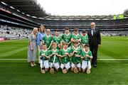 23 July 2023; The Limerick team, back row, left to right, Cian Loughnane, Lurga NS, Gort, Galway, Tadhg Aherne, Scoil Mháirtin, Kilworth, Cork, Paddy Cronin, Scoil Treasa Naofa, Trá Lí, Ciarrai, Oisin Fitzgerald, Gaelscoil Mhichil Cosóg, Inis, An Clár, Cathal Murnane, Scoil Dean Cussen, Bruff, Limerick, front row, left to right, Caolán McCourt, St. Peter's PS, Newry, Armagh, Bill Troy, Scoil an Spioraid Naoimh, Bishopstown, Cork, Éanna Byrne, Sessiaghoneill NS, Ballybofey, Donegal, Paddy Ketterick, Brackloon NS, Westport, Mayo, Cillian Beilliú, Gaelscoil an Chaistil, Baile an Chaistil, Aontroim, with INTO President Dorothy McGinley, Uachtarán an Cumann Camógaíochta Hilda Breslin, and Uachtarán Chumann Lúthchleas Gael Larry McCarthy, ahead of the INTO Cumann na mBunscol GAA Respect Exhibition Go Games at the GAA Hurling All-Ireland Senior Championship final match between Kilkenny and Limerick at Croke Park in Dublin. Photo by Daire Brennan/Sportsfile