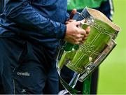 23 July 2023; Limerick manager John Kiely carries the Liam MacCarthy cup back to te dressingrooms after the GAA Hurling All-Ireland Senior Championship final match between Kilkenny and Limerick at Croke Park in Dublin. Photo by Brendan Moran/Sportsfile