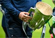 23 July 2023; Limerick manager John Kiely carries the Liam MacCarthy cup back to te dressingrooms after the GAA Hurling All-Ireland Senior Championship final match between Kilkenny and Limerick at Croke Park in Dublin. Photo by Brendan Moran/Sportsfile