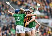 23 July 2023; TJ Reid of Kilkenny in action against Mike Casey, left, and William O'Donoghue of Limerick during the GAA Hurling All-Ireland Senior Championship final match between Kilkenny and Limerick at Croke Park in Dublin. Photo by Sam Barnes/Sportsfile