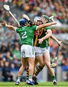 23 July 2023; TJ Reid of Kilkenny in action against Mike Casey, left, and William O'Donoghue of Limerick during the GAA Hurling All-Ireland Senior Championship final match between Kilkenny and Limerick at Croke Park in Dublin. Photo by Sam Barnes/Sportsfile