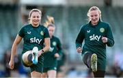 24 July 2023; Kyra Carusa, left, and Courtney Brosnan during a Republic of Ireland training session at Dorrien Gardens in Perth, Australia, ahead of their second Group B match of the FIFA Women's World Cup 2023, against Canada. Photo by Stephen McCarthy/Sportsfile