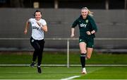 24 July 2023; Louise Quinn and physiotherapist Angela Kenneally during a Republic of Ireland training session at Dorrien Gardens in Perth, Australia, ahead of their second Group B match of the FIFA Women's World Cup 2023, against Canada. Photo by Stephen McCarthy/Sportsfile