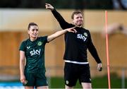 24 July 2023; Chloe Mustaki, left, and assistant manager Tom Elmes during a Republic of Ireland training session at Dorrien Gardens in Perth, Australia, ahead of their second Group B match of the FIFA Women's World Cup 2023, against Canada. Photo by Stephen McCarthy/Sportsfile