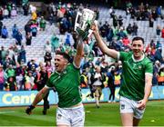 23 July 2023; Darragh O'Donovan, left, and Diarmaid Byrnes of Limerick celebrate with the cup after their side's victory in the GAA Hurling All-Ireland Senior Championship final match between Kilkenny and Limerick at Croke Park in Dublin. Photo by Sam Barnes/Sportsfile