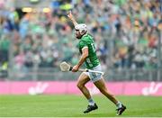 23 July 2023; Aaron Gillane of Limerick celebrates a score during the GAA Hurling All-Ireland Senior Championship final match between Kilkenny and Limerick at Croke Park in Dublin. Photo by Sam Barnes/Sportsfile