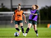 24 July 2023; Amber Barrett and Claire O'Riordan, left, during a Republic of Ireland training session at Dorrien Gardens in Perth, Australia, ahead of their second Group B match of the FIFA Women's World Cup 2023, against Canada. Photo by Stephen McCarthy/Sportsfile