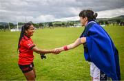 24 July 2023; Doeur Thida of Cairde Khmer Cambodia and Lisa Hamon of France Blue during day one of the FRS Recruitment GAA World Games 2023 at the Owenbeg Centre of Excellence in Dungiven, Derry. Photo by Ramsey Cardy/Sportsfile