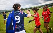 24 July 2023; Phat Sreymay of Cairde Khmer Cambodia and Lisa Hamon of France Blue during day one of the FRS Recruitment GAA World Games 2023 at the Owenbeg Centre of Excellence in Dungiven, Derry. Photo by Ramsey Cardy/Sportsfile
