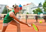 24 July 2023; Lydia Brennan of Ireland while competing in the girls doubles round 1 against Augusta Lucia Grau Kristensen and Sophia Ragus of Denmark during day one of the 2023 Summer European Youth Olympic Festival at the Branik Tennis Club in Maribor, Slovenia. Photo by Tyler Miller/Sportsfile