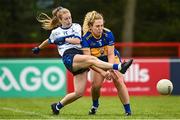 24 July 2023; Roisin Hogan of Round Towers London and Ellen O'Brien of Parnells during day one of the FRS Recruitment GAA World Games 2023 at the Owenbeg Centre of Excellence in Dungiven, Derry. Photo by Ramsey Cardy/Sportsfile