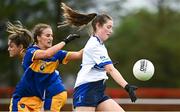 24 July 2023; Stephanie Dunne of Round Towers London and Niamh O'Brien of Parnells during day one of the FRS Recruitment GAA World Games 2023 at the Owenbeg Centre of Excellence in Dungiven, Derry. Photo by Ramsey Cardy/Sportsfile