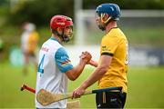 24 July 2023; Marcus Cosgrave of Benelux and Liam Dwan of Middle East during day one of the FRS Recruitment GAA World Games 2023 at the Owenbeg Centre of Excellence in Dungiven, Derry. Photo by Ramsey Cardy/Sportsfile