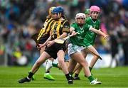 23 July 2023; Clodhna Ni Dhubhthaigh, Gaelscoil Thaobh a Coille, Ath Cliath, representing Kilkenny, in action against Kate Motherway, Bunscoil Bhothar na Naomh, Waterford, representing Limerick, during the INTO Cumann na mBunscol GAA Respect Exhibition Go Games at the GAA Hurling All-Ireland Senior Championship final match between Kilkenny and Limerick at Croke Park in Dublin. Photo by Brendan Moran/Sportsfile