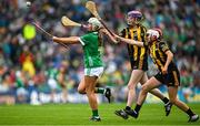 23 July 2023; Emily Cleere, Skeoughvosteen NS, Kilkenny, representing Limerick, in action against Sionainn McCormack, St Marys NS, Collinstown, Westmeath, representing Kilkenny and Deirbhile Mac Seain, St. Felim's NS, Ballinagh, Cavan, representing Kilkenny, during the INTO Cumann na mBunscol GAA Respect Exhibition Go Games at the GAA Hurling All-Ireland Senior Championship final match between Kilkenny and Limerick at Croke Park in Dublin. Photo by Brendan Moran/Sportsfile