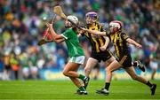 23 July 2023; Emily Cleere, Skeoughvosteen NS, Kilkenny, representing Limerick, in action against Sionainn McCormack, St Marys NS, Collinstown, Westmeath, representing Kilkenny and Deirbhile Mac Seain, St. Felim's NS, Ballinagh, Cavan, representing Kilkenny, during the INTO Cumann na mBunscol GAA Respect Exhibition Go Games at the GAA Hurling All-Ireland Senior Championship final match between Kilkenny and Limerick at Croke Park in Dublin. Photo by Brendan Moran/Sportsfile