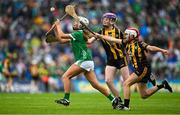 23 July 2023; Emily Cleere, Skeoughvosteen NS, Kilkenny, representing Limerick, in action against Sionainn McCormack, St Marys NS, Collinstown, Westmeath, representing Kilkenny and Deirbhile Mac Seain, St. Felim's NS, Ballinagh, Cavan, representing Kilkenny, during the INTO Cumann na mBunscol GAA Respect Exhibition Go Games at the GAA Hurling All-Ireland Senior Championship final match between Kilkenny and Limerick at Croke Park in Dublin. Photo by Brendan Moran/Sportsfile