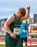 24 July 2023; Andrew Cooper of Ireland celebrates after beating his personal best while competing in the boys shot put qualification round during day one of the 2023 Summer European Youth Olympic Festival at the Poljane Athletics Stadium in Maribor, Slovenia. Photo by Tyler Miller/Sportsfile