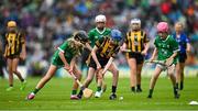 23 July 2023; Shannon Connolly, Scoil Mhuire, Clontibret, Monaghan, representing Limerick, in action against Clodhna Ni Dhubhthaigh, Gaelscoil Thaobh a Coille, Ath Cliath, representing Kilkenny, during the INTO Cumann na mBunscol GAA Respect Exhibition Go Games at the GAA Hurling All-Ireland Senior Championship final match between Kilkenny and Limerick at Croke Park in Dublin. Photo by Brendan Moran/Sportsfile