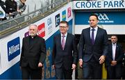 23 July 2023; Patron of the GAA, Bishop of Cashel and Emly Kieran O'Reilly, left, Ard Stiúrthóir of the GAA Tom Ryan, centre, and An Taoiseach Leo Varadkar TD arrive before the GAA Hurling All-Ireland Senior Championship final match between Kilkenny and Limerick at Croke Park in Dublin. Photo by Brendan Moran/Sportsfile