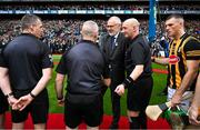 23 July 2023; Referee John Keenan introduces Uachtarán Chumann Lúthchleas Gael Larry McCarthy to his match officials before the GAA Hurling All-Ireland Senior Championship final match between Kilkenny and Limerick at Croke Park in Dublin. Photo by Brendan Moran/Sportsfile