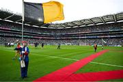 23 July 2023; A member of the Artane Band stands with the Kilkenny flag before the GAA Hurling All-Ireland Senior Championship final match between Kilkenny and Limerick at Croke Park in Dublin. Photo by Brendan Moran/Sportsfile